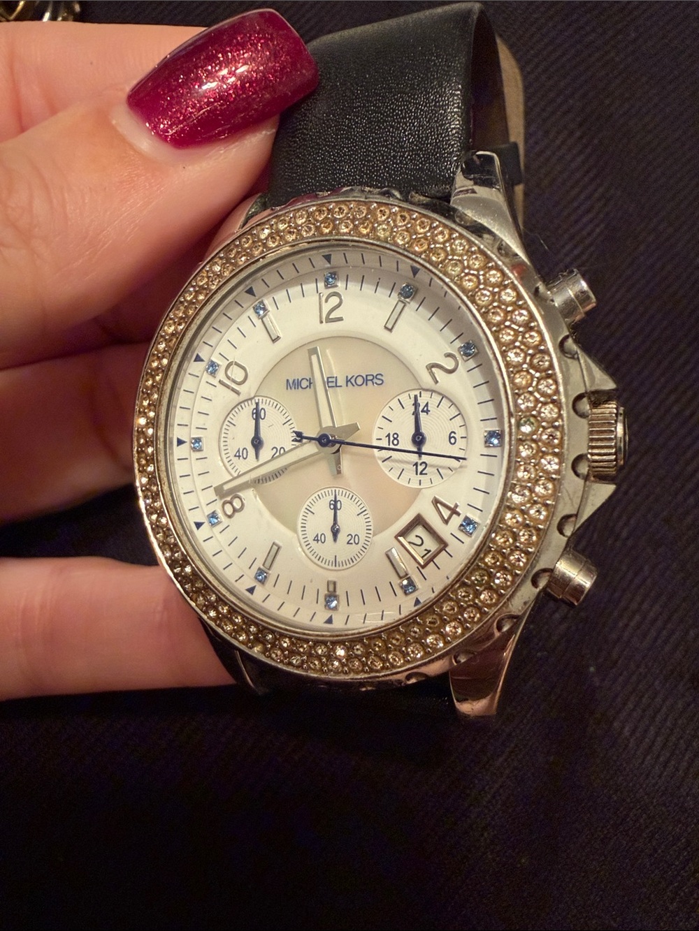 Michael Kors Silver Dial Watch with Gold Crystal Bezel and Black Strap - Picture 3 of 3